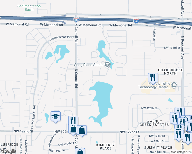 map of restaurants, bars, coffee shops, grocery stores, and more near 13100 Blue Canyon Drive in Oklahoma City