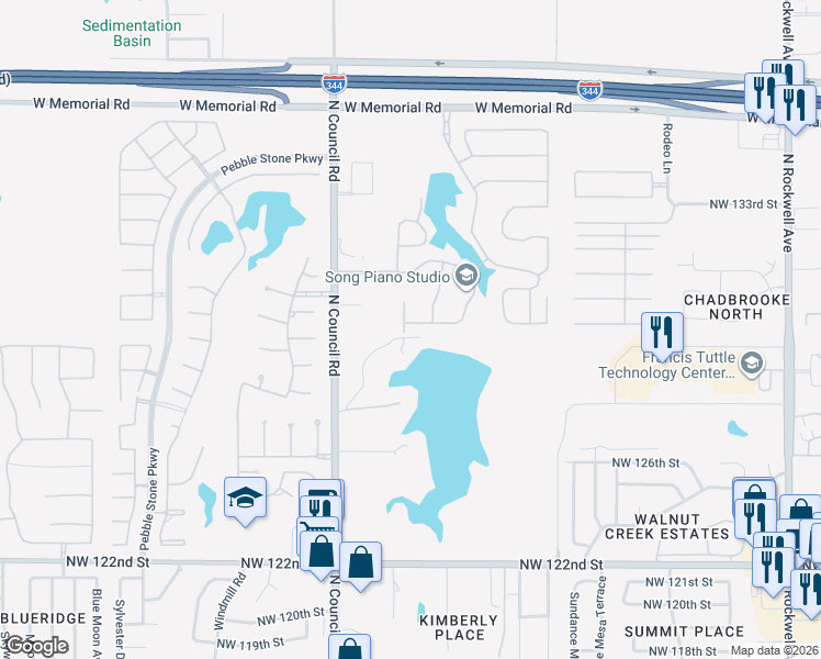 map of restaurants, bars, coffee shops, grocery stores, and more near 13100 Blue Canyon Drive in Oklahoma City