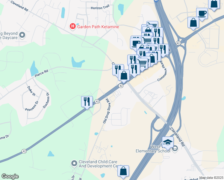 map of restaurants, bars, coffee shops, grocery stores, and more near North Carolina 42 in Garner