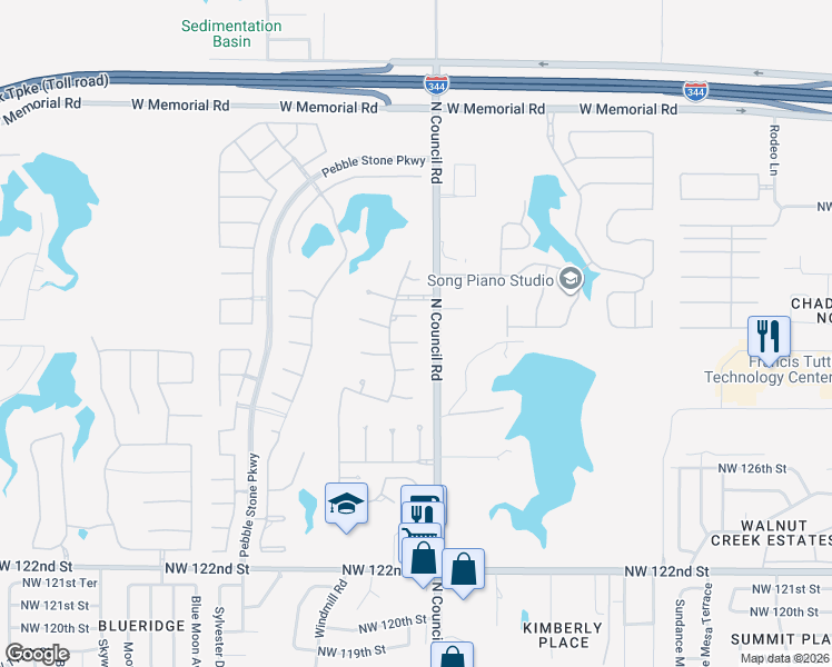 map of restaurants, bars, coffee shops, grocery stores, and more near 8008 Northwest 129th Circle in Oklahoma City