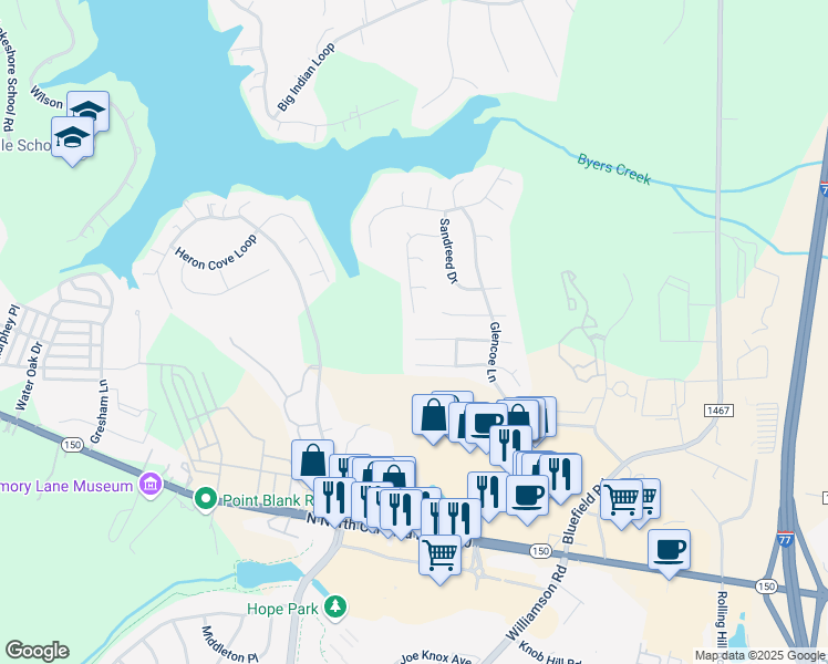 map of restaurants, bars, coffee shops, grocery stores, and more near 168 Foxtail Drive in Mooresville