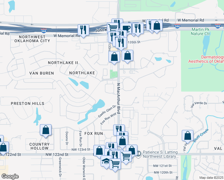 map of restaurants, bars, coffee shops, grocery stores, and more near 12901 North Macarthur Boulevard in Oklahoma City