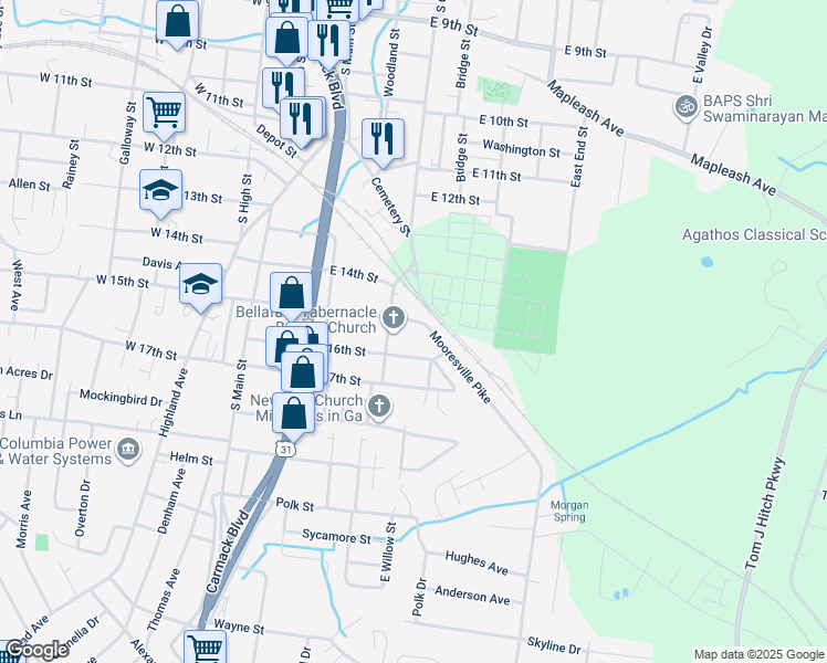 map of restaurants, bars, coffee shops, grocery stores, and more near 313 East 15th Street in Columbia