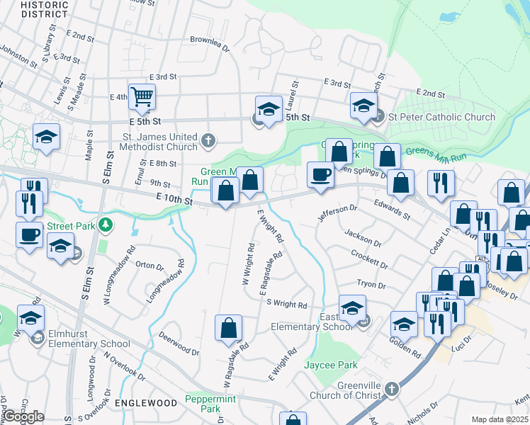 map of restaurants, bars, coffee shops, grocery stores, and more near 1003 East Wright Road in Greenville