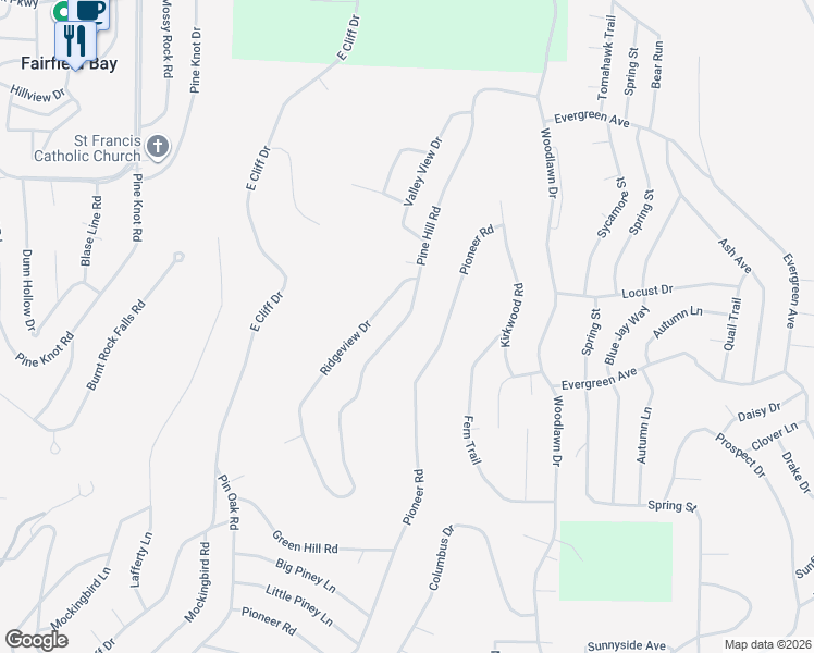 map of restaurants, bars, coffee shops, grocery stores, and more near 216 Pine Hill Road in Fairfield Bay