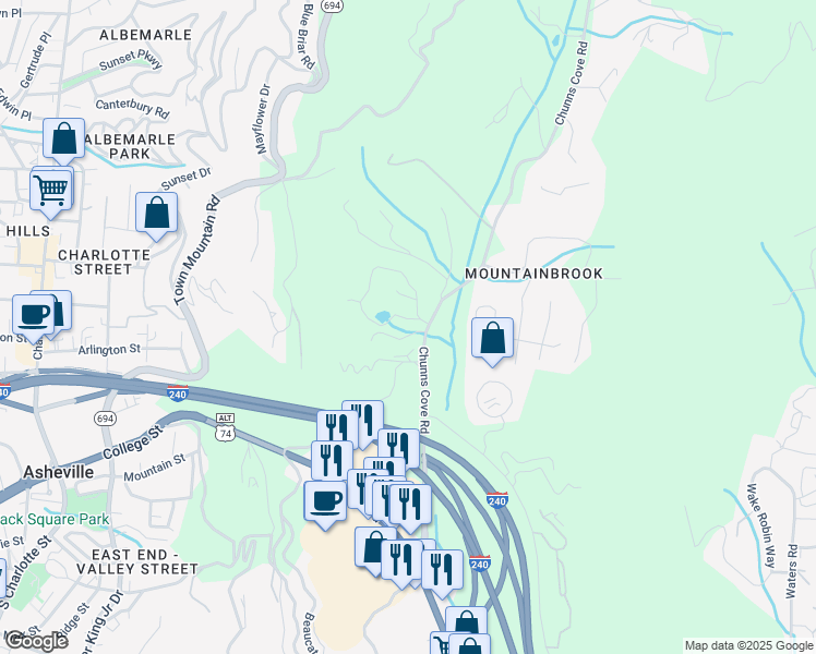 map of restaurants, bars, coffee shops, grocery stores, and more near 4 Rollingwood Road in Asheville