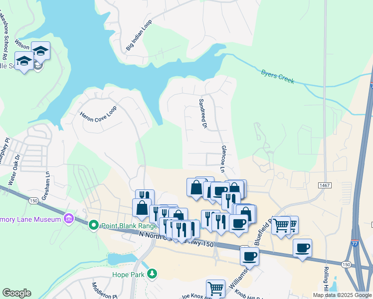 map of restaurants, bars, coffee shops, grocery stores, and more near 168 Foxtail Drive in Mooresville