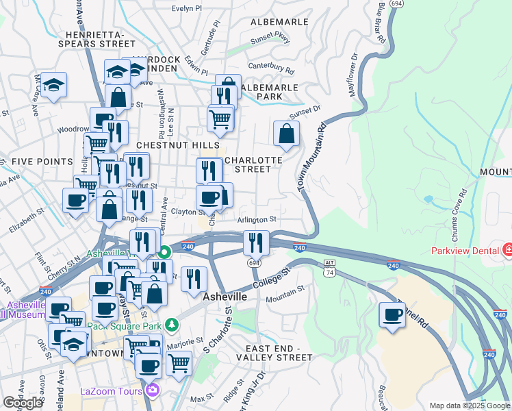 map of restaurants, bars, coffee shops, grocery stores, and more near 90 Furman Avenue in Asheville