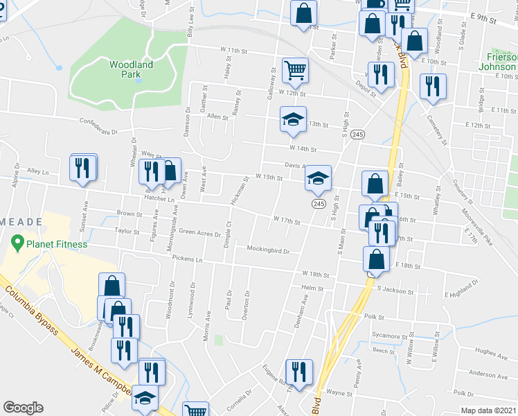 map of restaurants, bars, coffee shops, grocery stores, and more near 310 West 17th Street in Columbia