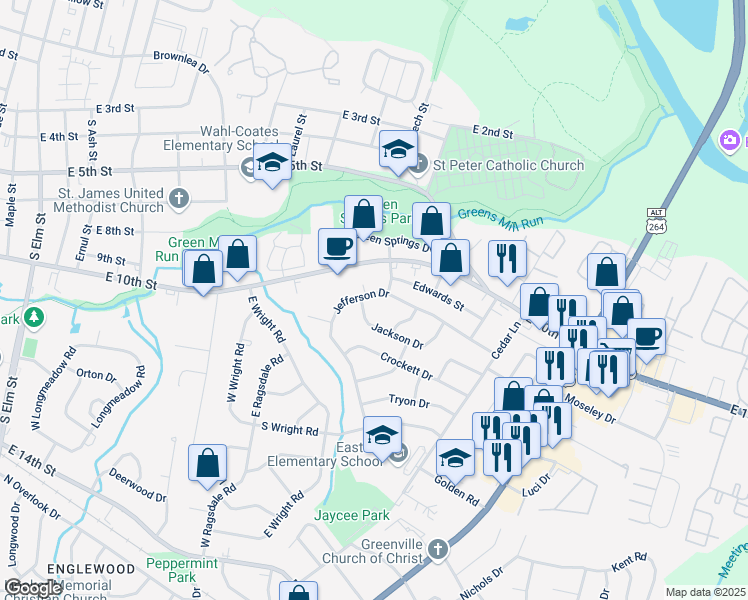map of restaurants, bars, coffee shops, grocery stores, and more near 2616 Jefferson Drive in Greenville