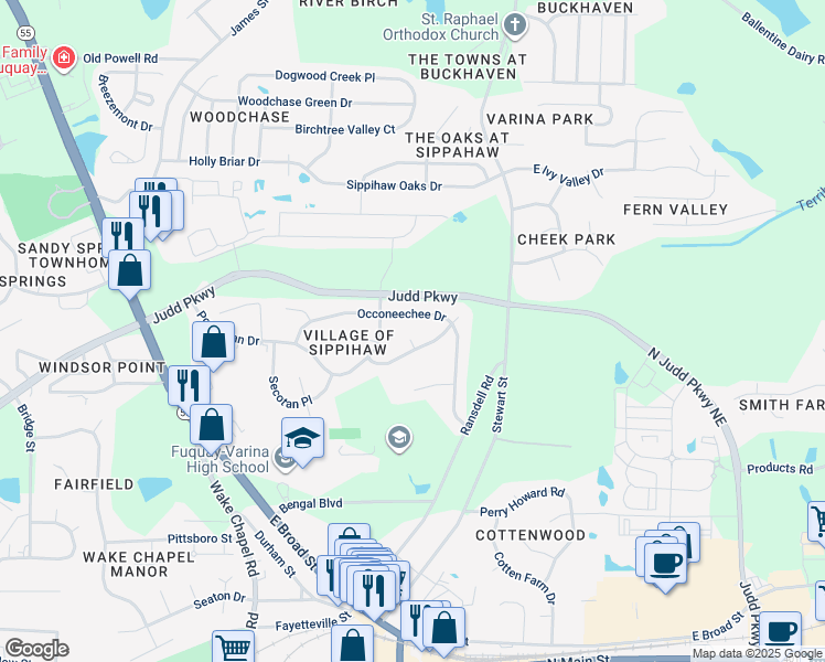 map of restaurants, bars, coffee shops, grocery stores, and more near 1206 Cheraw Court in Fuquay Varina