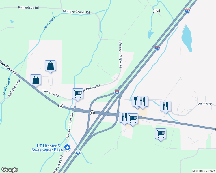 map of restaurants, bars, coffee shops, grocery stores, and more near 1110-1242 Murrays Chapel Road in Sweetwater
