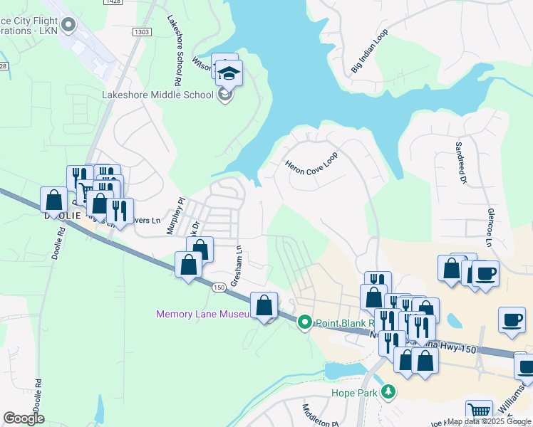 map of restaurants, bars, coffee shops, grocery stores, and more near 116 Pavillion Lane in Mooresville