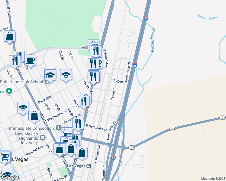 map of restaurants, bars, coffee shops, grocery stores, and more near 1106 Pecos Street in Las Vegas