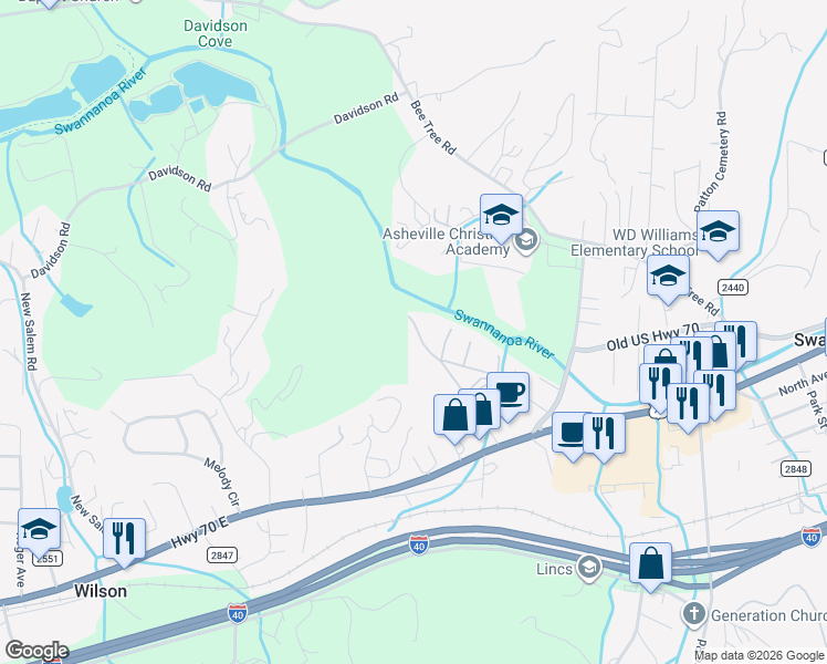 map of restaurants, bars, coffee shops, grocery stores, and more near 127 Franklin Road in Swannanoa