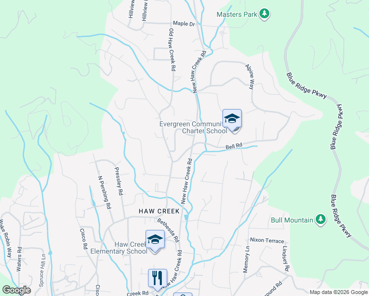 map of restaurants, bars, coffee shops, grocery stores, and more near 20 Bell Road in Asheville