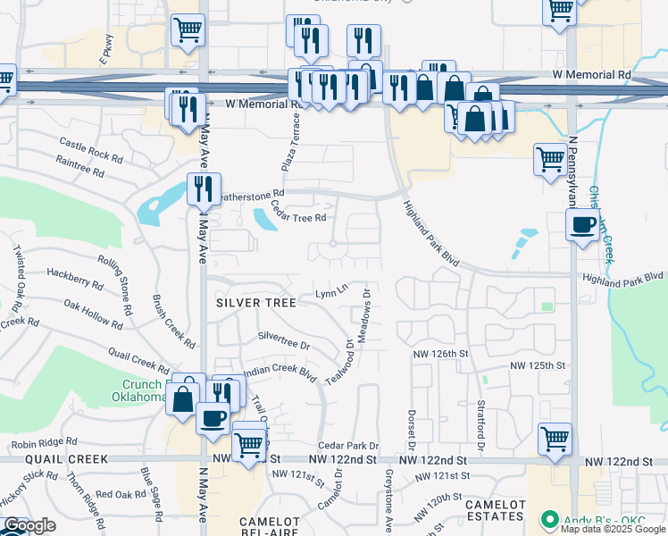 map of restaurants, bars, coffee shops, grocery stores, and more near 12920 Sue Court in Oklahoma City