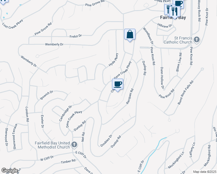 map of restaurants, bars, coffee shops, grocery stores, and more near 102 White Haven Court in Fairfield Bay