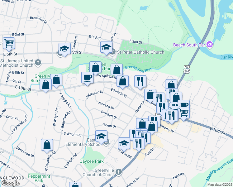 map of restaurants, bars, coffee shops, grocery stores, and more near 2800 Edwards Street in Greenville
