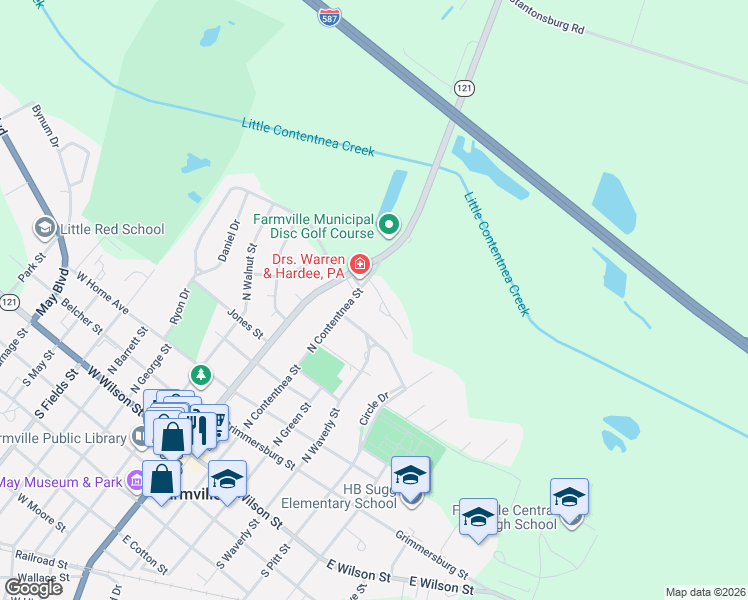 map of restaurants, bars, coffee shops, grocery stores, and more near 4050 Allen Street in Farmville