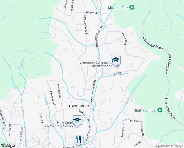 map of restaurants, bars, coffee shops, grocery stores, and more near 20 Bell Road in Asheville