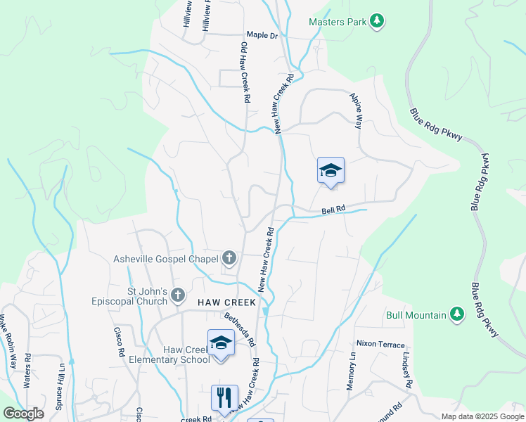 map of restaurants, bars, coffee shops, grocery stores, and more near 20 Bell Road in Asheville