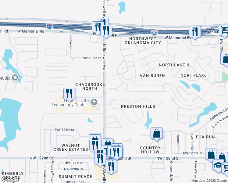 map of restaurants, bars, coffee shops, grocery stores, and more near 7016 Northwest 131st Terrace in Oklahoma City