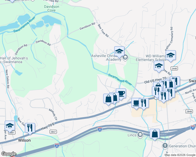 map of restaurants, bars, coffee shops, grocery stores, and more near 127 Franklin Road in Swannanoa