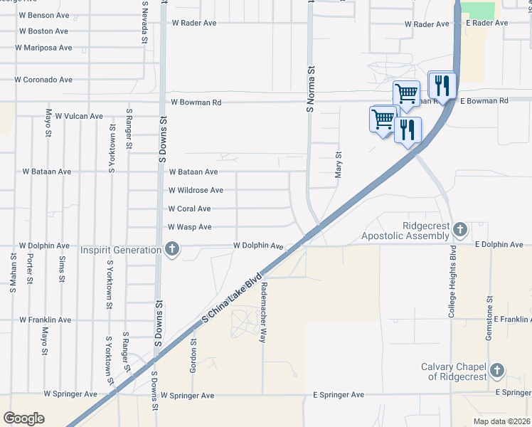 map of restaurants, bars, coffee shops, grocery stores, and more near 519 West Coral Avenue in Ridgecrest