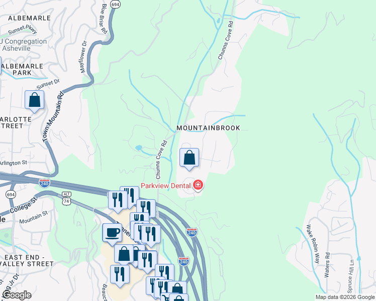 map of restaurants, bars, coffee shops, grocery stores, and more near 6 Craftsman Circle in Asheville