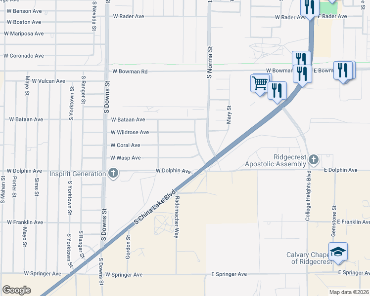map of restaurants, bars, coffee shops, grocery stores, and more near 519 West Coral Avenue in Ridgecrest