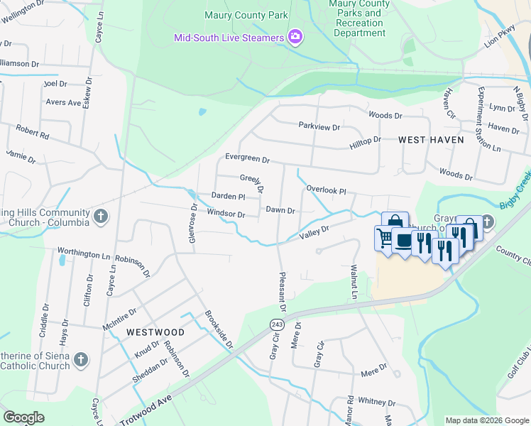 map of restaurants, bars, coffee shops, grocery stores, and more near 301 Greely Drive in Columbia