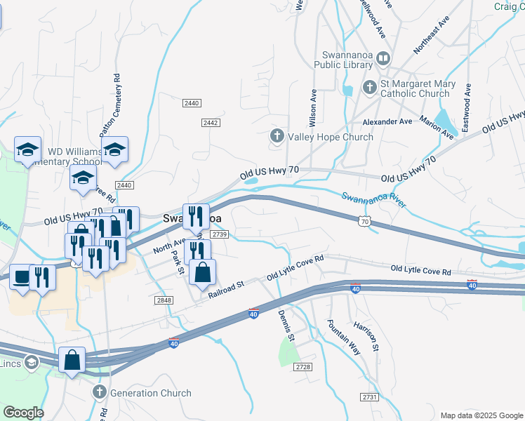 map of restaurants, bars, coffee shops, grocery stores, and more near 147 Edwards Avenue in Swannanoa