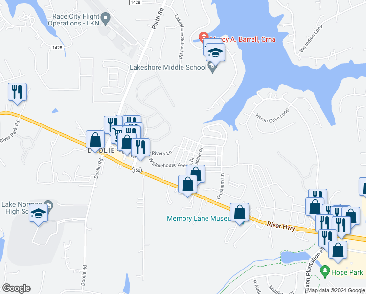 map of restaurants, bars, coffee shops, grocery stores, and more near 127 Kensington Street in Mooresville