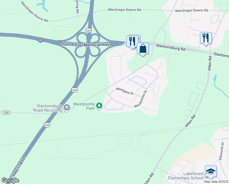 map of restaurants, bars, coffee shops, grocery stores, and more near 3449 Westgate Drive in Greenville