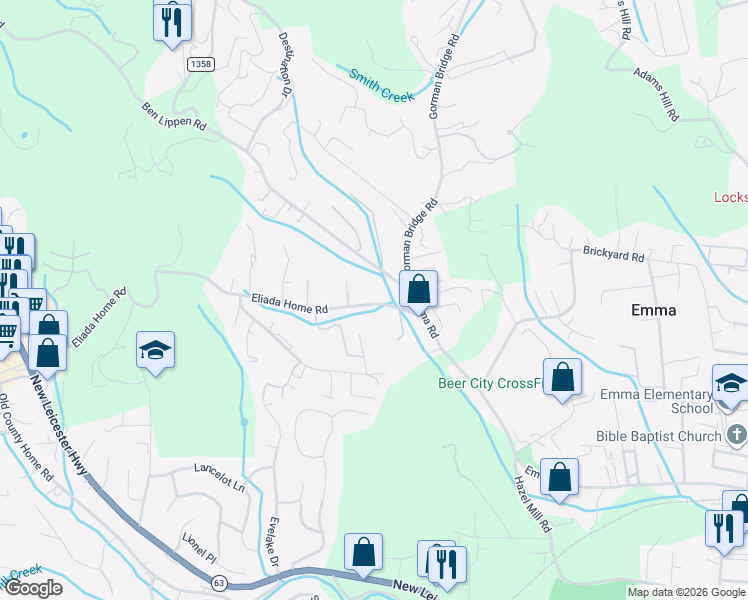 map of restaurants, bars, coffee shops, grocery stores, and more near 165 Eliada Home Road in Asheville