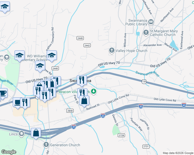 map of restaurants, bars, coffee shops, grocery stores, and more near 122 Edwards Avenue in Swannanoa