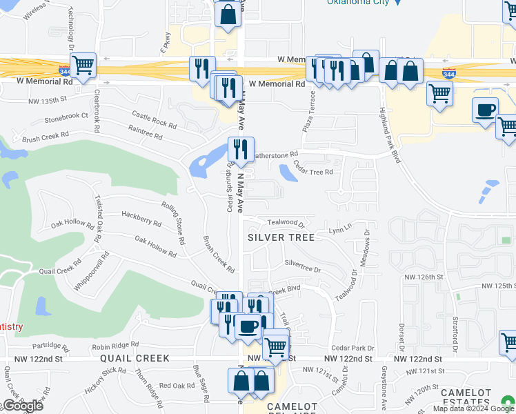 map of restaurants, bars, coffee shops, grocery stores, and more near 12928 North May Avenue in Oklahoma City
