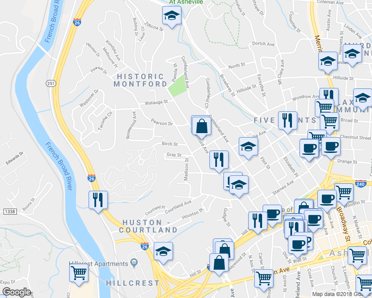 map of restaurants, bars, coffee shops, grocery stores, and more near 100 Pearson Drive in Asheville