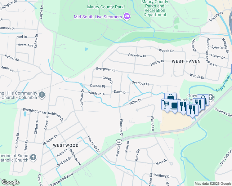 map of restaurants, bars, coffee shops, grocery stores, and more near 301 Greely Drive in Columbia