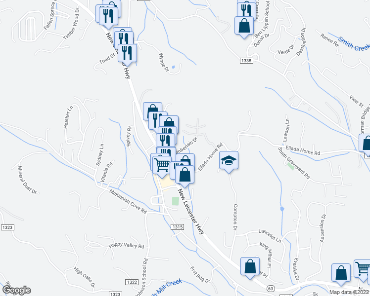 map of restaurants, bars, coffee shops, grocery stores, and more near Chamberlain Drive in Asheville