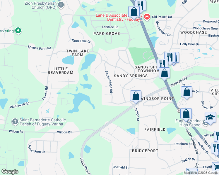 map of restaurants, bars, coffee shops, grocery stores, and more near 701 Edgeworth Ct in Fuquay-Varina