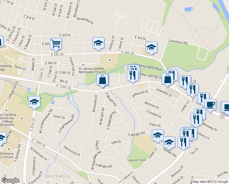 map of restaurants, bars, coffee shops, grocery stores, and more near 2408 East 10th Street in Greenville