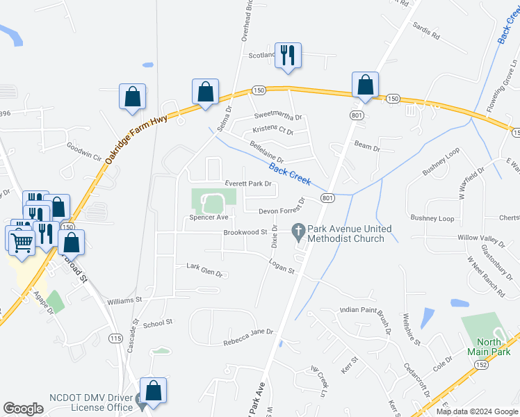 map of restaurants, bars, coffee shops, grocery stores, and more near 170 Devon Forest Drive in Mooresville