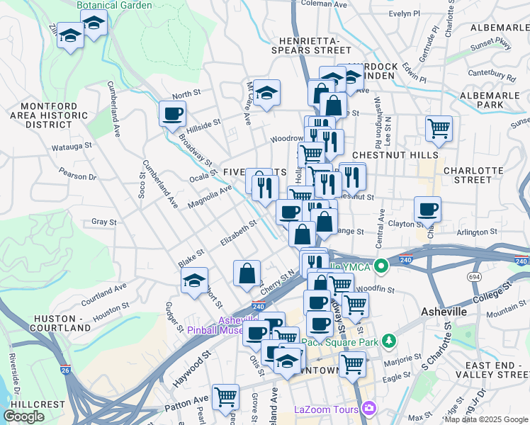 map of restaurants, bars, coffee shops, grocery stores, and more near 251 Broadway Street in Asheville