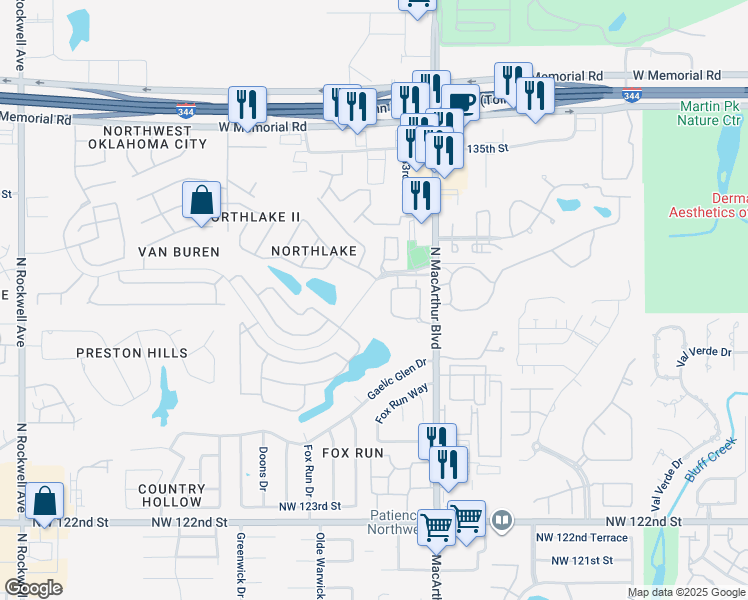 map of restaurants, bars, coffee shops, grocery stores, and more near 12901 North Macarthur Boulevard in Oklahoma City