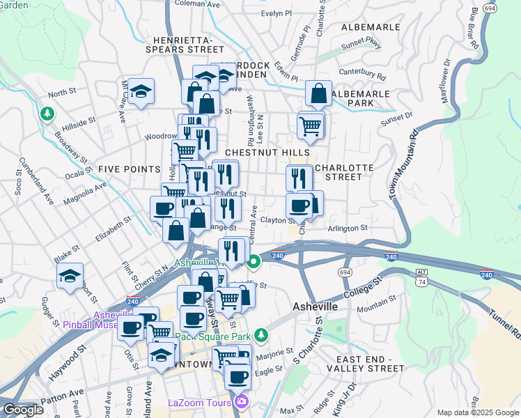 map of restaurants, bars, coffee shops, grocery stores, and more near 109 Central Ave in Asheville