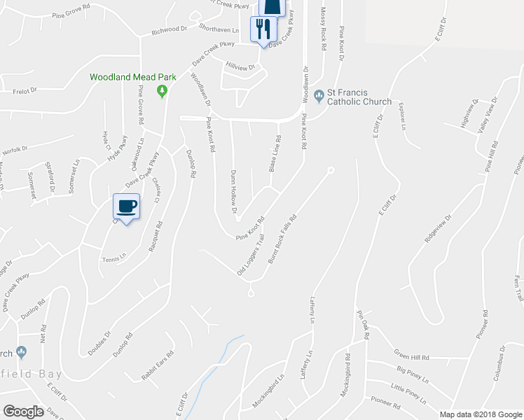 map of restaurants, bars, coffee shops, grocery stores, and more near 181 Pine Knot Road in Fairfield Bay