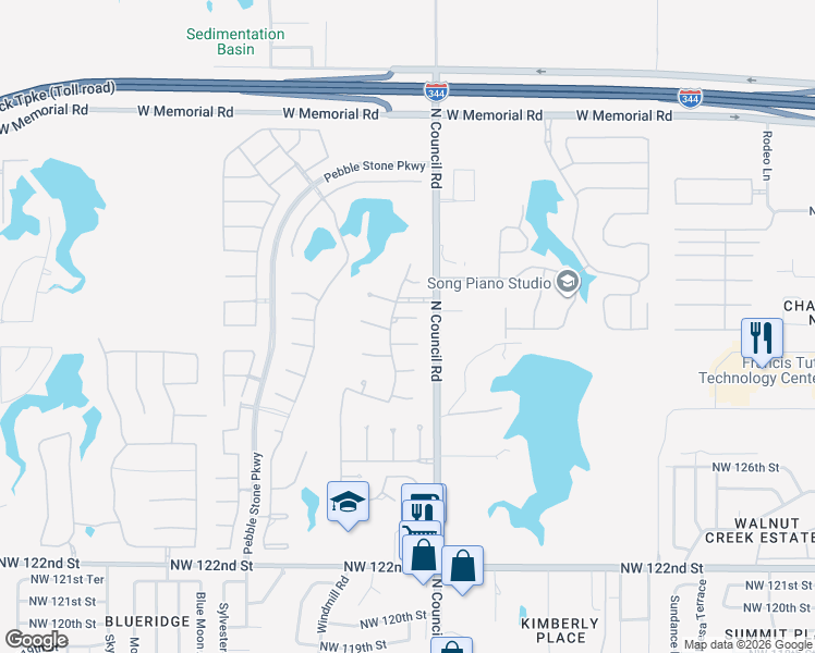 map of restaurants, bars, coffee shops, grocery stores, and more near 8008 Northwest 129th Circle in Oklahoma City