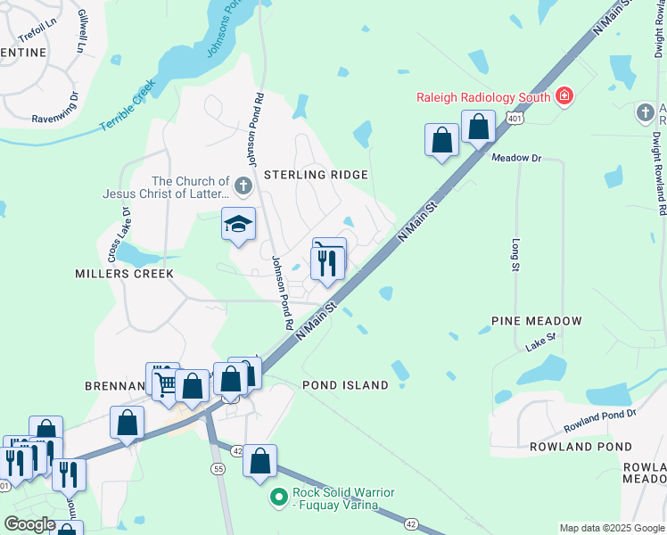 map of restaurants, bars, coffee shops, grocery stores, and more near 1931 Cinema Drive in Fuquay Varina